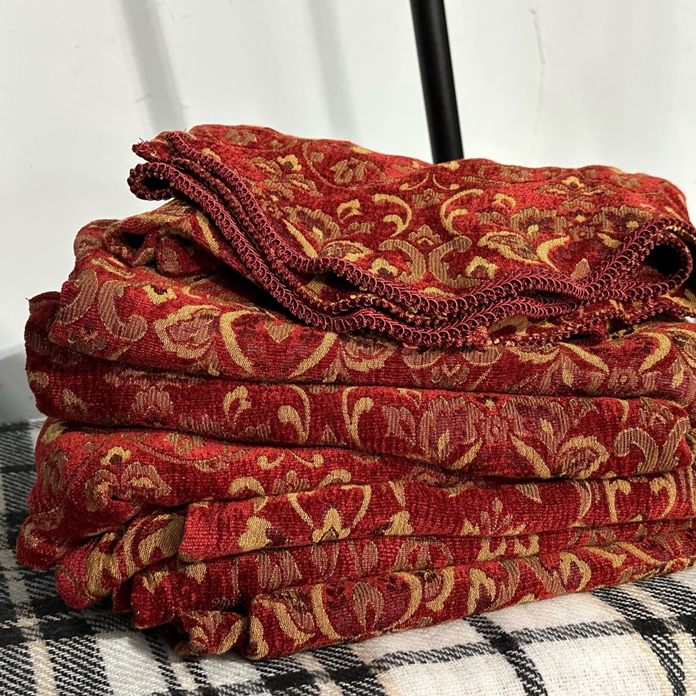 Lot of 7 Valances, 1 curtain.  Elegant Burgundy and Silver Brocade or Fabric
